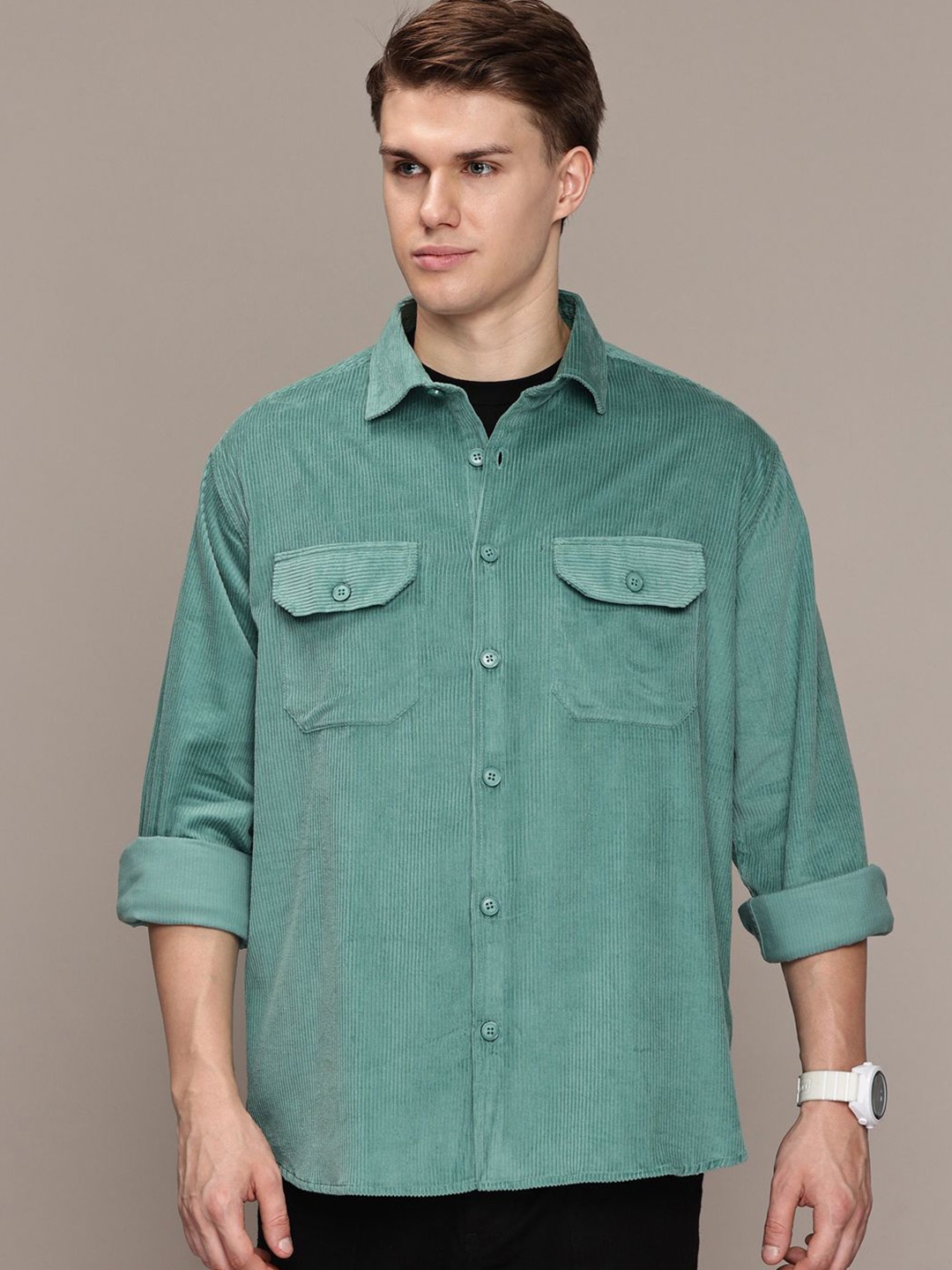

FCUK Men Premium Spread Collar Textured Cotton Relaxed Fit Casual Shirt, Teal