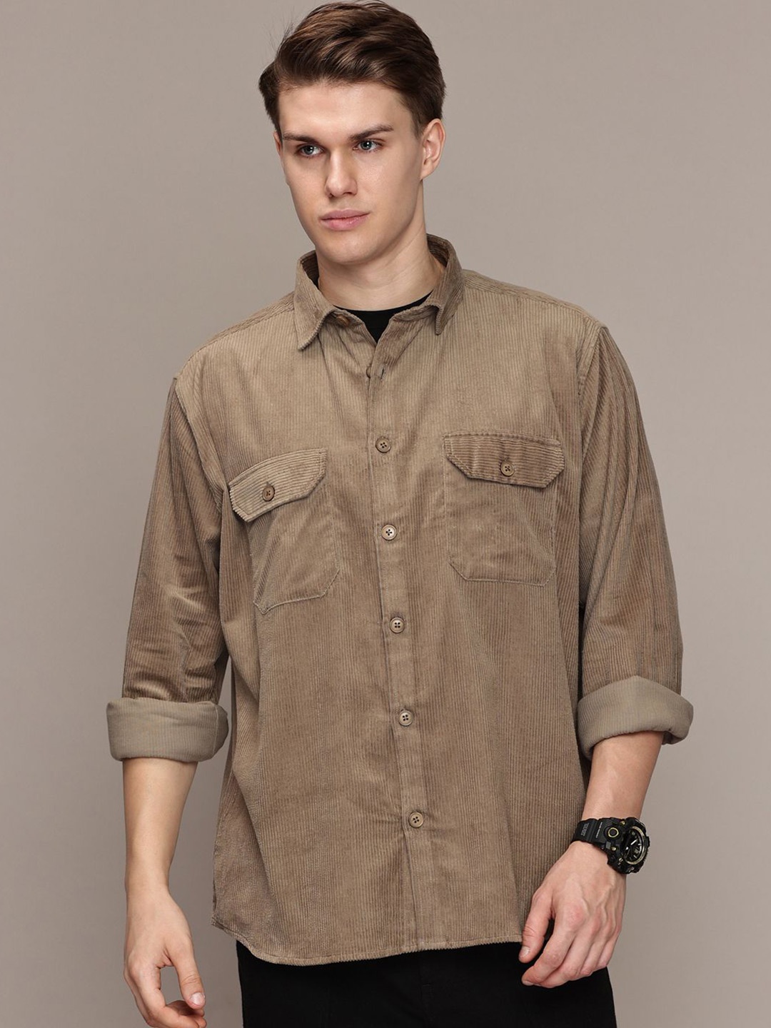 

FCUK Men Premium Fit Spread Collar Textured Cotton Casual Shirt, Khaki