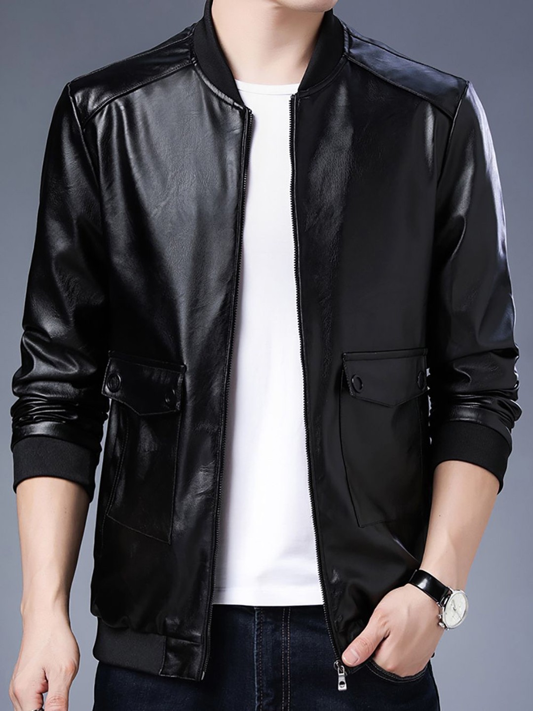

StyleCast x Revolte Men Stand Collar Solid Casual Leather Jacket, Black