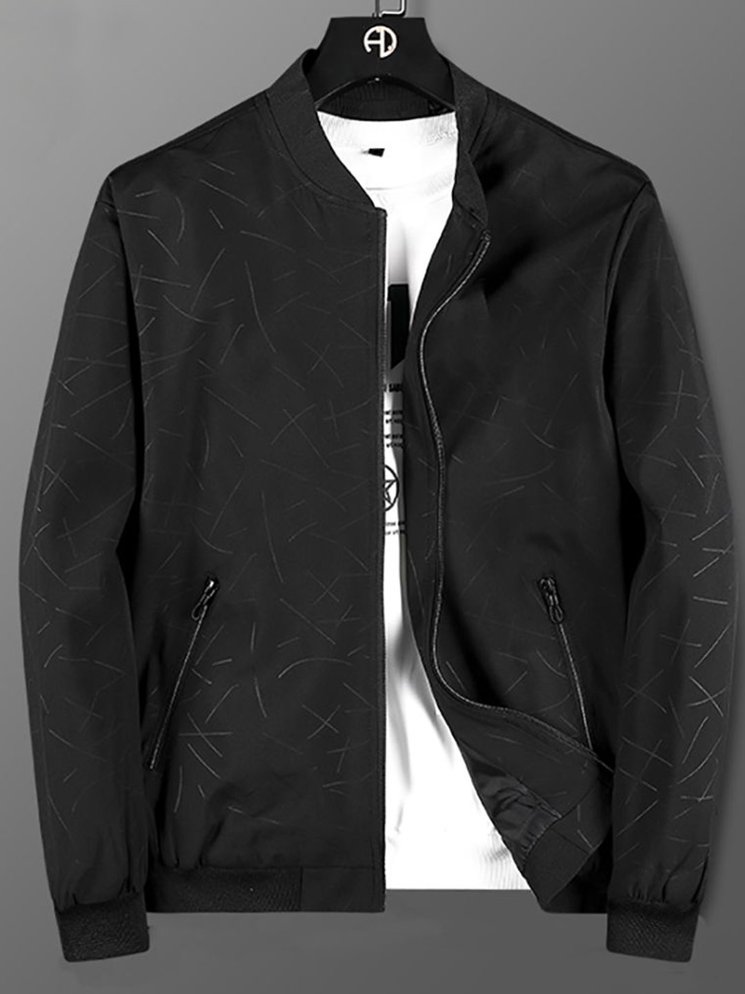 

StyleCast x Revolte Men Stand Collar Abstract Printed Casual Bomber Jacket, Black