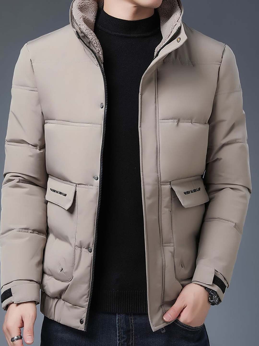 StyleCast x Revolte Men Mock Collar Solid Casual Parka Jacket, Beige