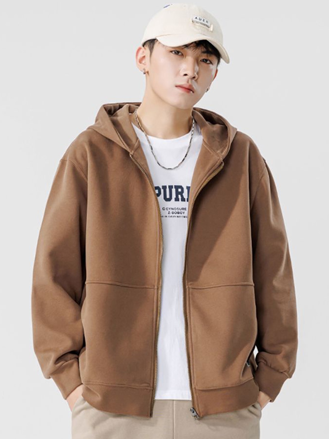 StyleCast x Revolte Men Hooded Solid Cotton Casual Bomber Jacket, Brown