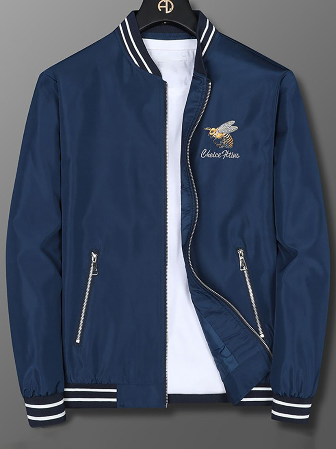 

StyleCast x Revolte Men Stand Collar Graphic Embroidered Casual Bomber Jacket, Blue