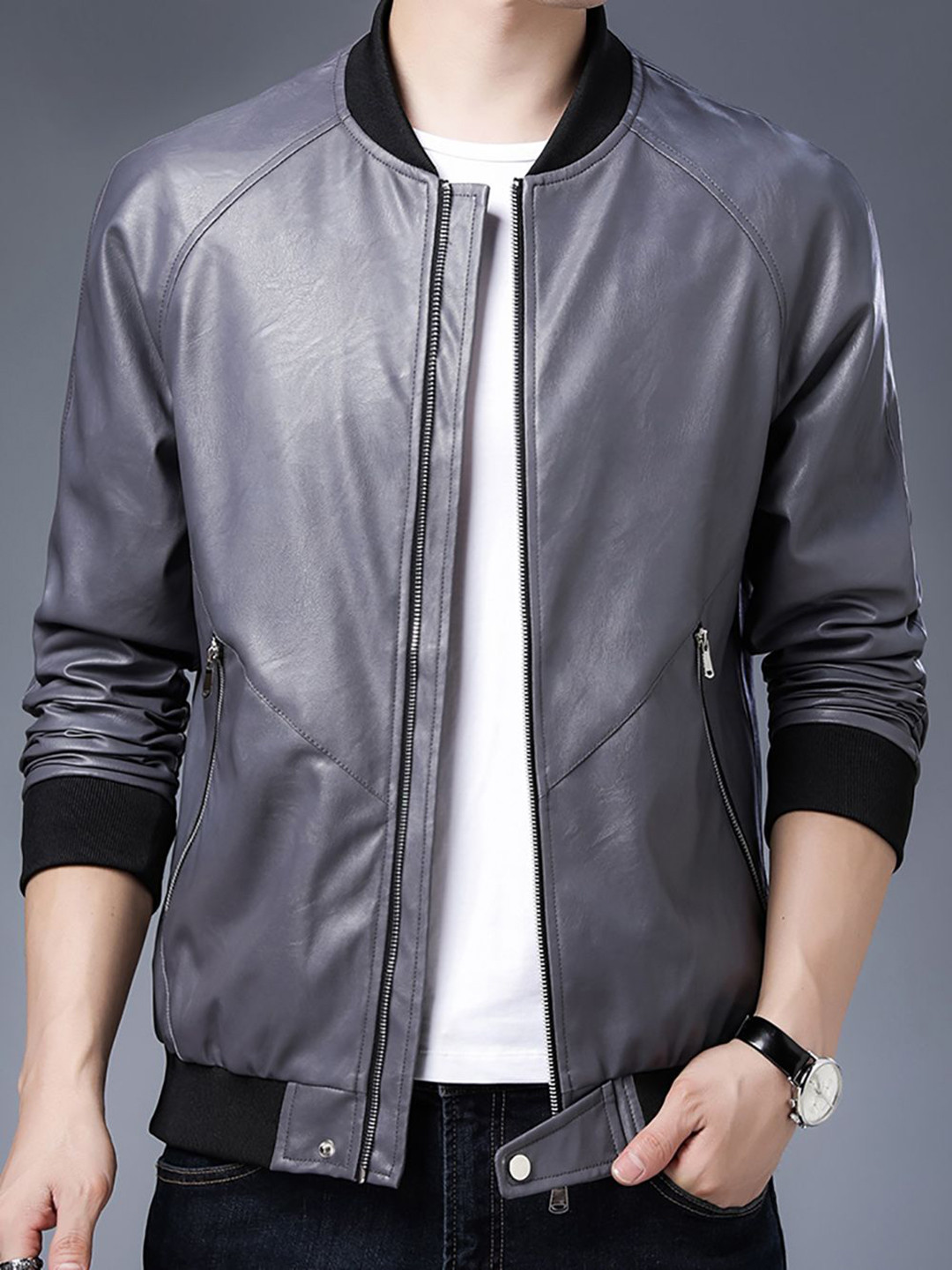

StyleCast x Revolte Men Stand Collar Solid Casual Leather Jacket, Grey