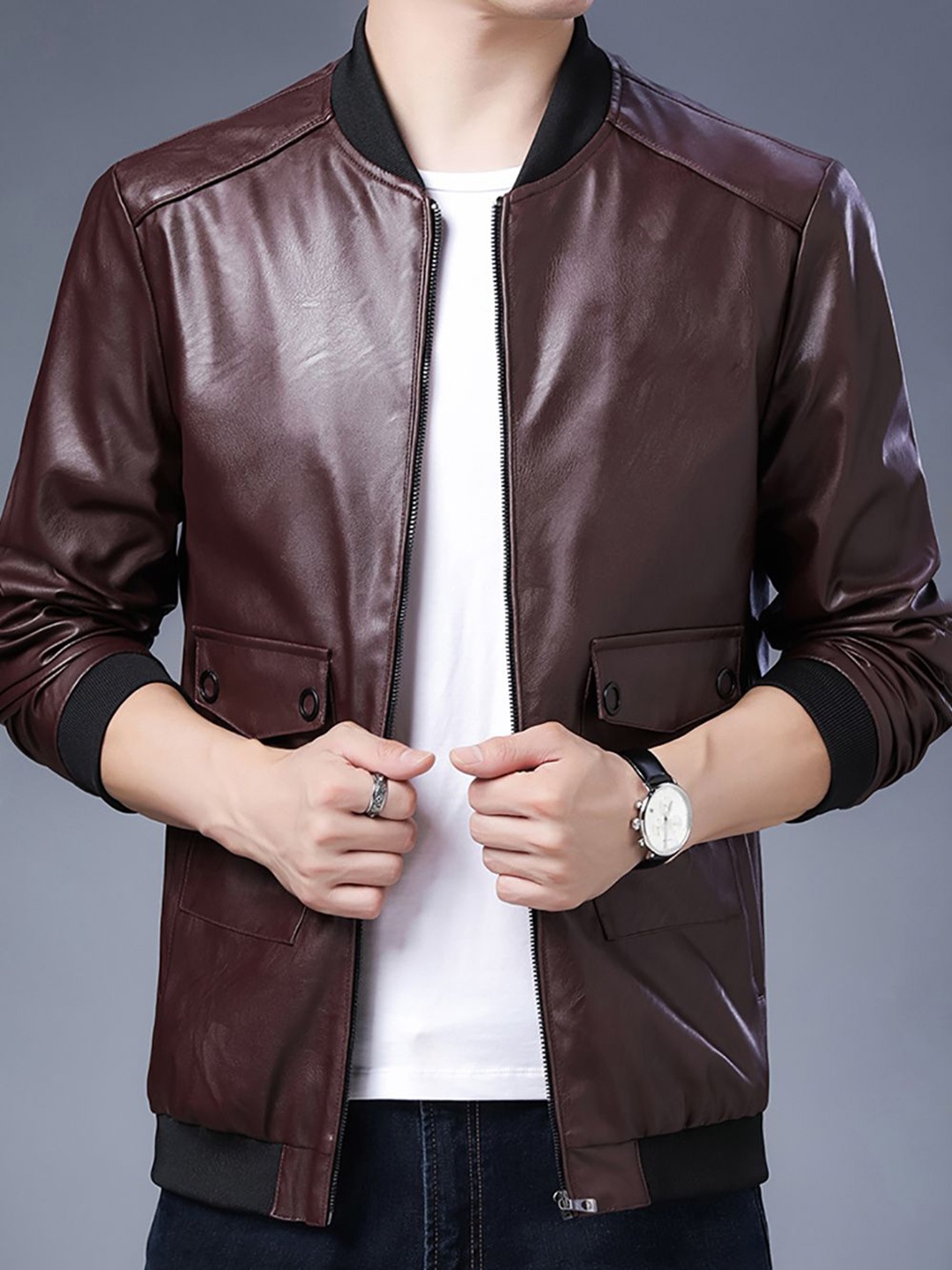 

StyleCast x Revolte Men Stand Collar Solid Casual Leather Jacket, Maroon