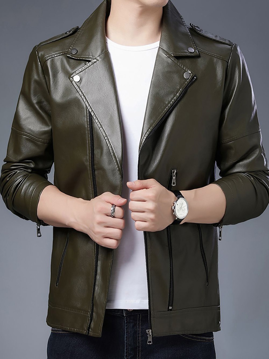 

StyleCast x Revolte Men Lapel Collar Solid Casual Leather Jacket, Green