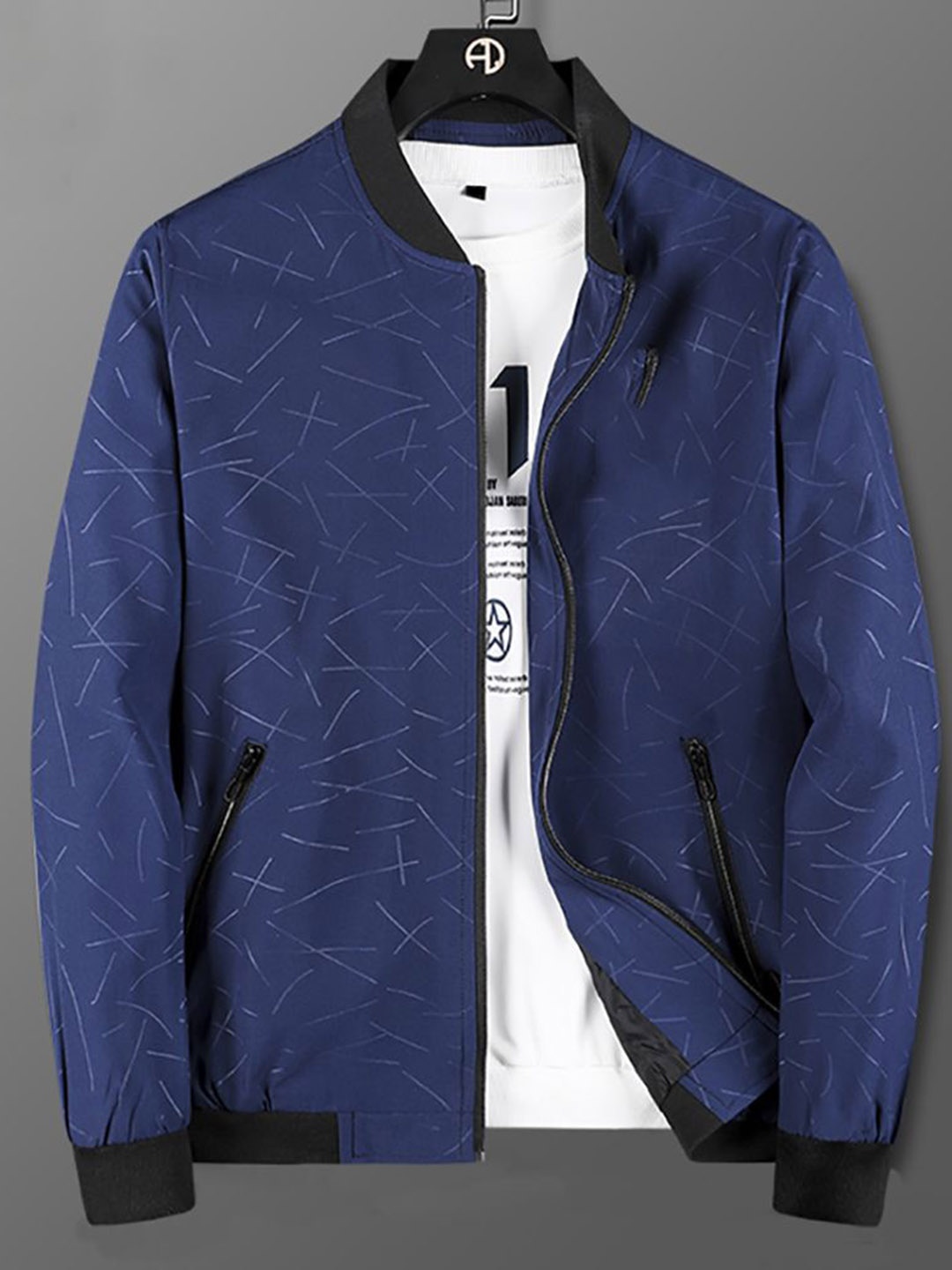 

StyleCast x Revolte Men Rapid-Dry Stand Collar Abstract Printed Casual Bomber Jacket, Navy blue
