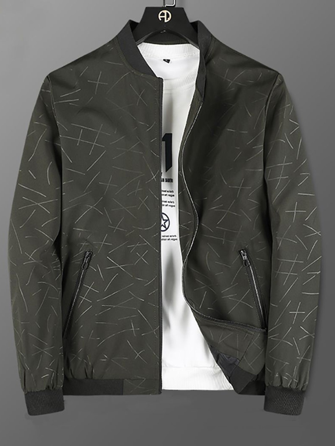 

StyleCast x Revolte Men Stand Collar Abstract Printed Casual Bomber Jacket, Olive
