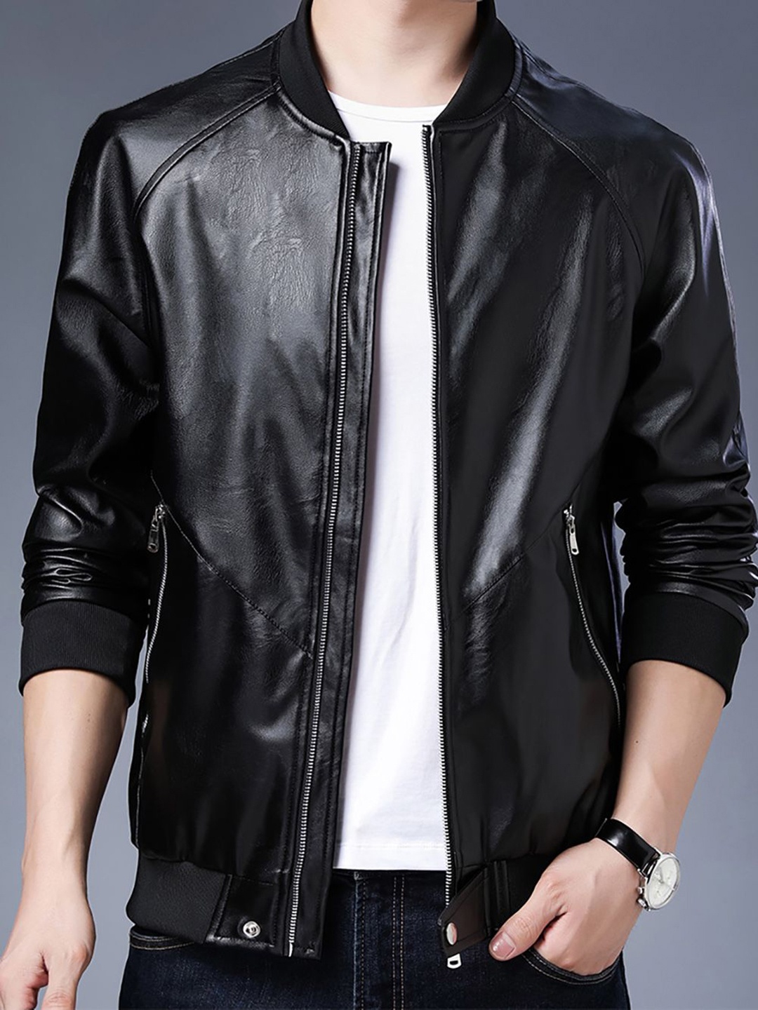 

StyleCast x Revolte Men Stand Collar Solid Casual Leather Jacket, Black