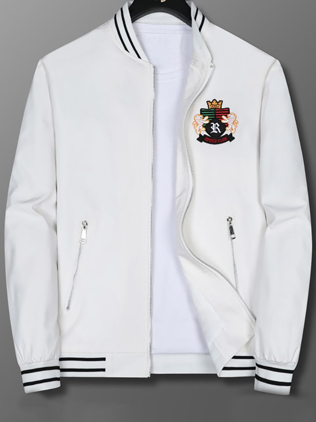 

StyleCast x Revolte Men Stand Collar Graphic Embroidered Casual Bomber Jacket, White