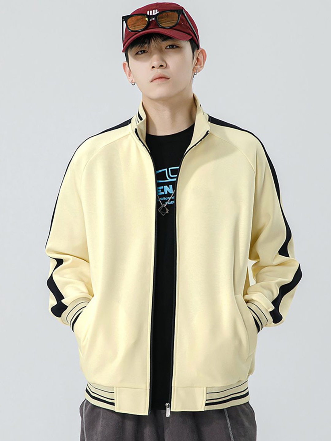 

StyleCast x Revolte Men Mock Collar Striped Cotton Casual Bomber Jacket, Yellow