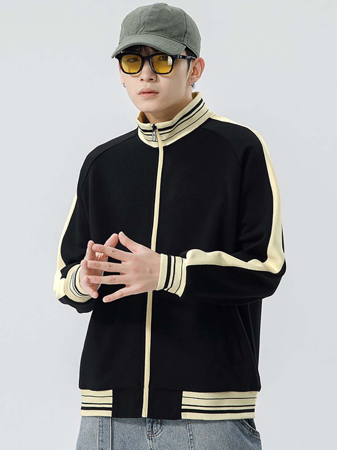 

StyleCast x Revolte Men Mock Collar Striped Cotton Casual Bomber Jacket, Black