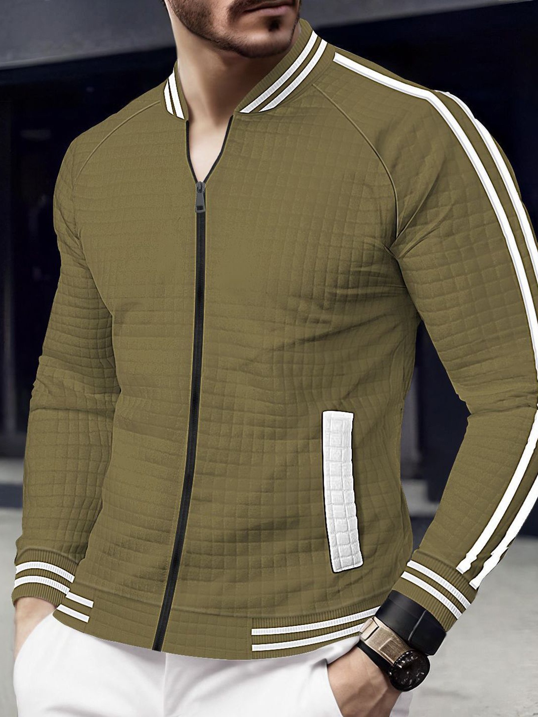 StyleCast x Revolte Men Stand Collar Striped Casual Bomber Jacket, Olive