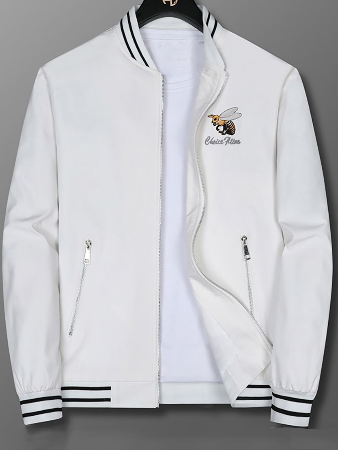 

StyleCast x Revolte Men Stand Collar Graphic Embroidered Casual Bomber Jacket, White