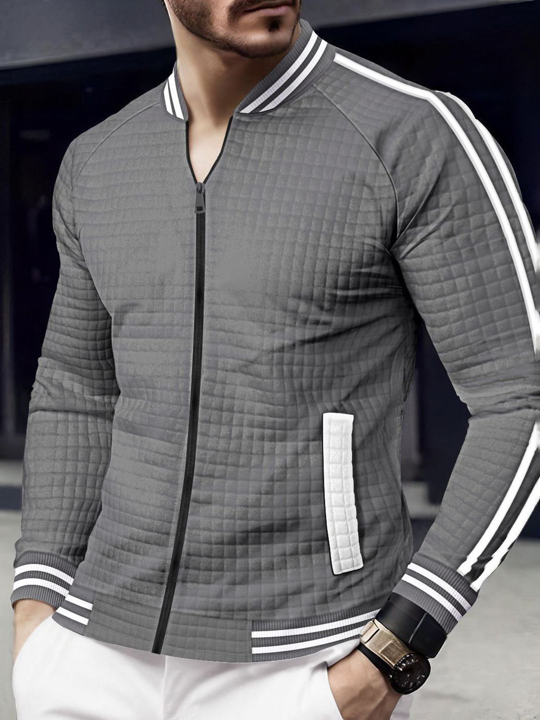 

StyleCast x Revolte Men Stand Collar Striped Casual Bomber Jacket, Grey
