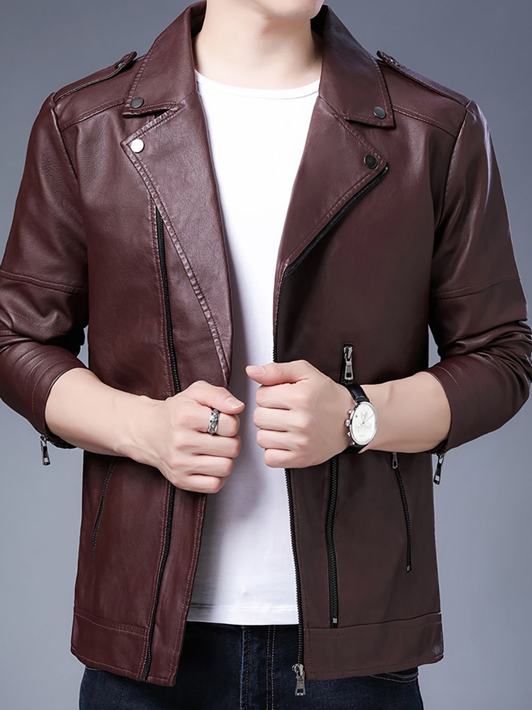 

StyleCast x Revolte Men Lapel Collar Solid Casual Leather Jacket, Maroon