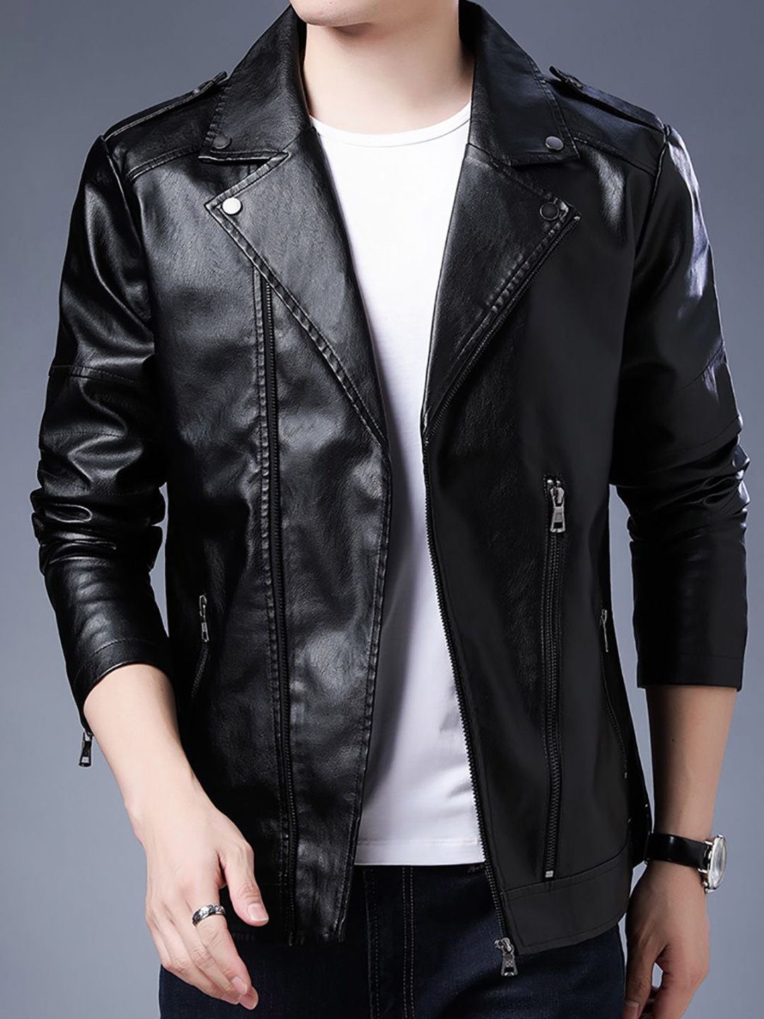 StyleCast x Revolte Men Lapel Collar Solid Casual Leather Jacket, Black