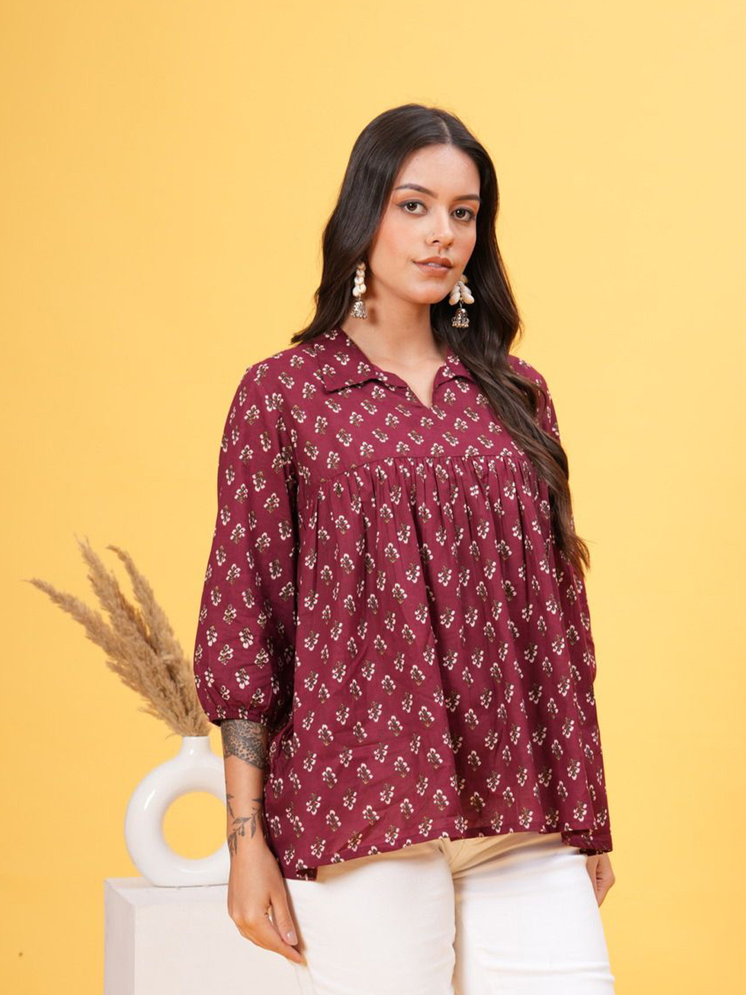 

Vilgi Women Printed Shirt Collar Peplum Top, Maroon
