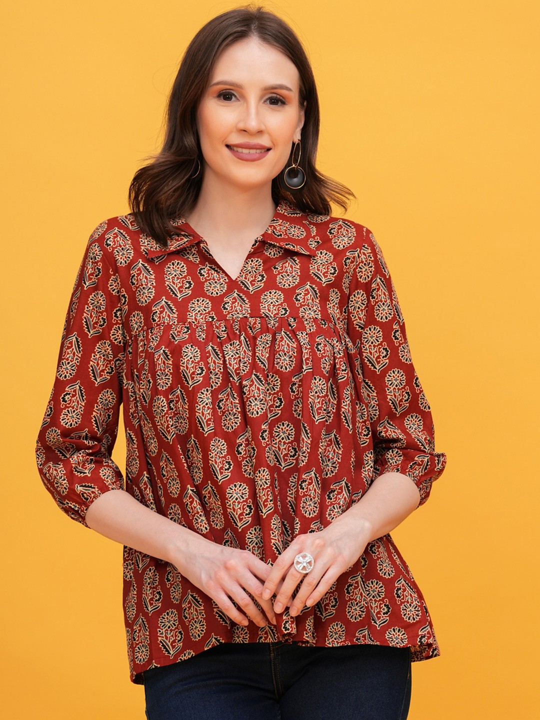 

Vilgi Women Ethnic Motif Printed Puff Sleeve Organic Cotton Top, Red