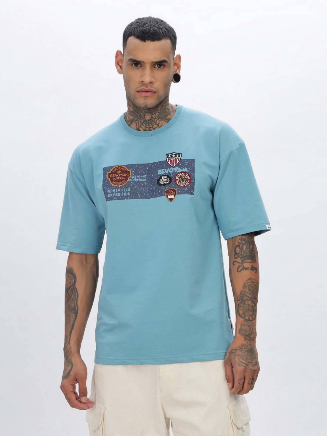 

BEVDAAS Men Graphic Printed Round Neck Elastane Relaxed Fit T-shirt, Blue