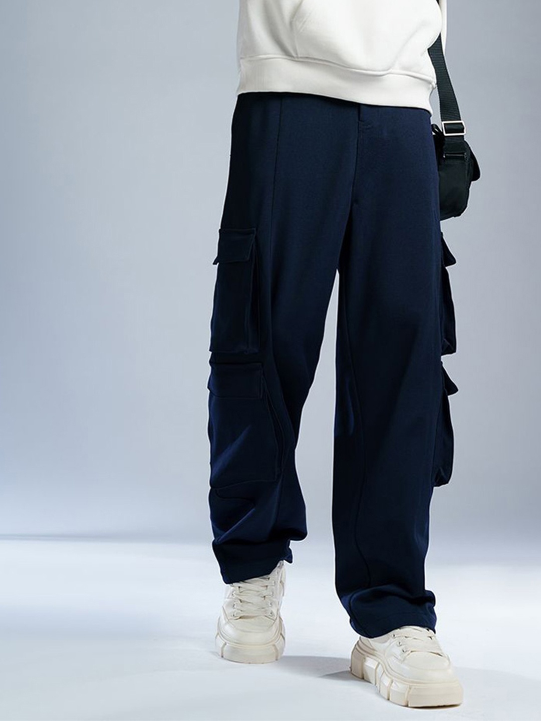 

FREAKINS Men Loose Fit Cargo Korean Trousers, Navy blue