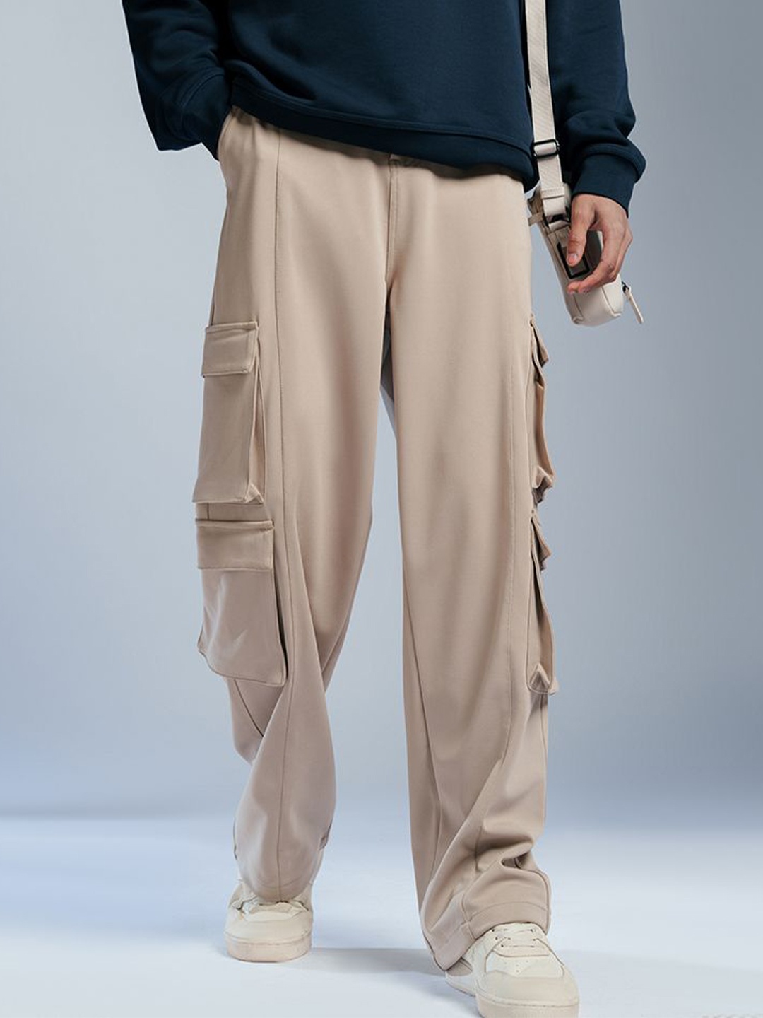 

FREAKINS Men Loose Fit Mid-Rise Korean Pants, Beige