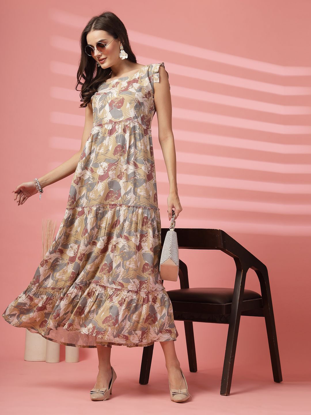 Indibelle Women Floral Print Flutter Sleeve Maxi Dress, Beige