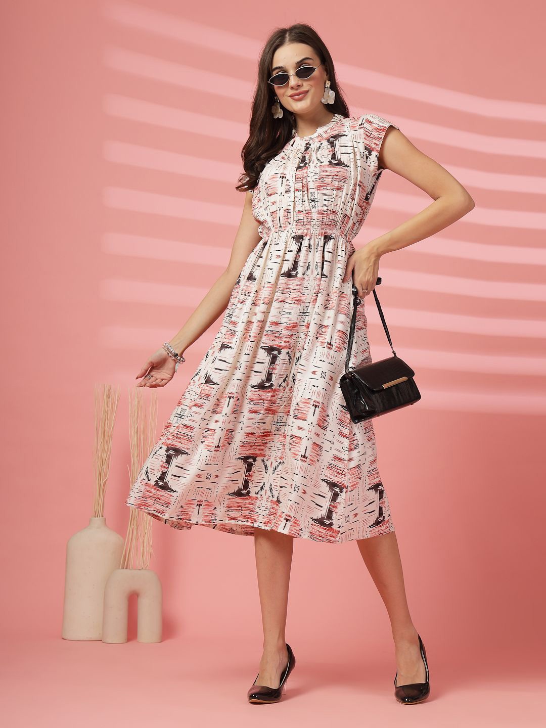 

Indibelle Women Abstract Printed Fit & Flare Midi Dress, White