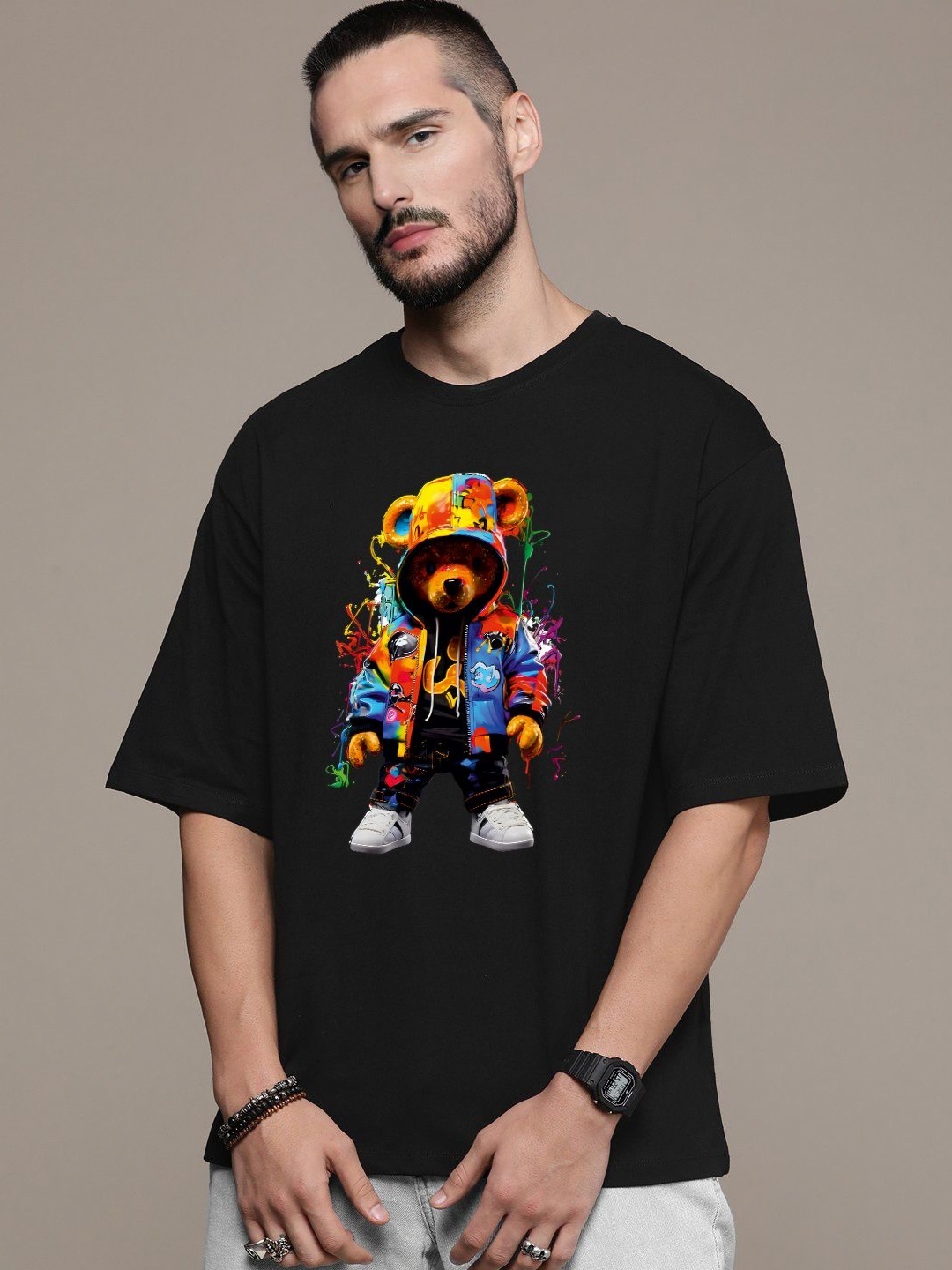 

Manlino Unisex Printed Drop-Shoulder Sleeves Raw Edge T-shirt, Black