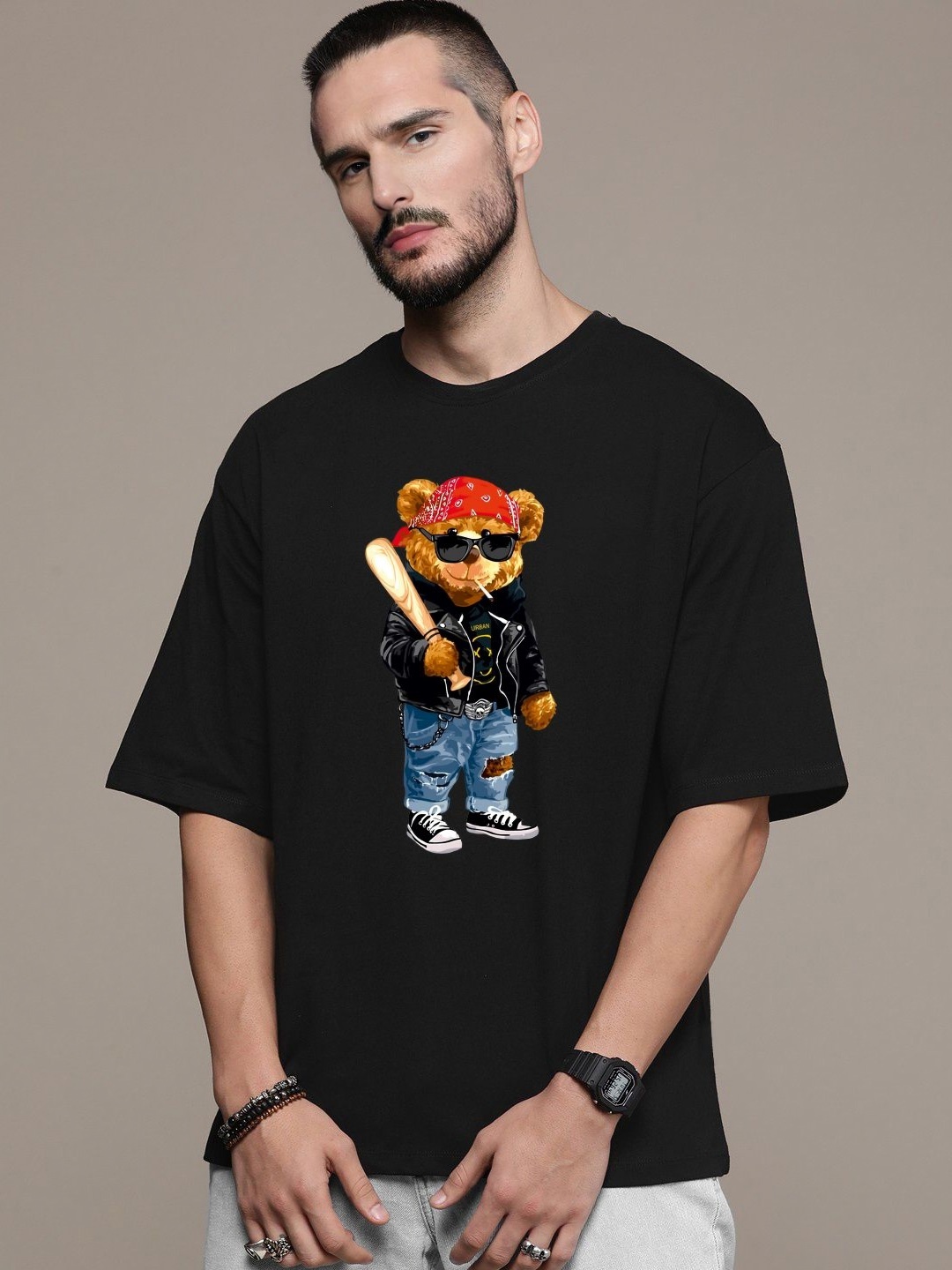 

Manlino Unisex Graphic Printed Round Neck Cotton Relaxed Fit T-shirt, Black