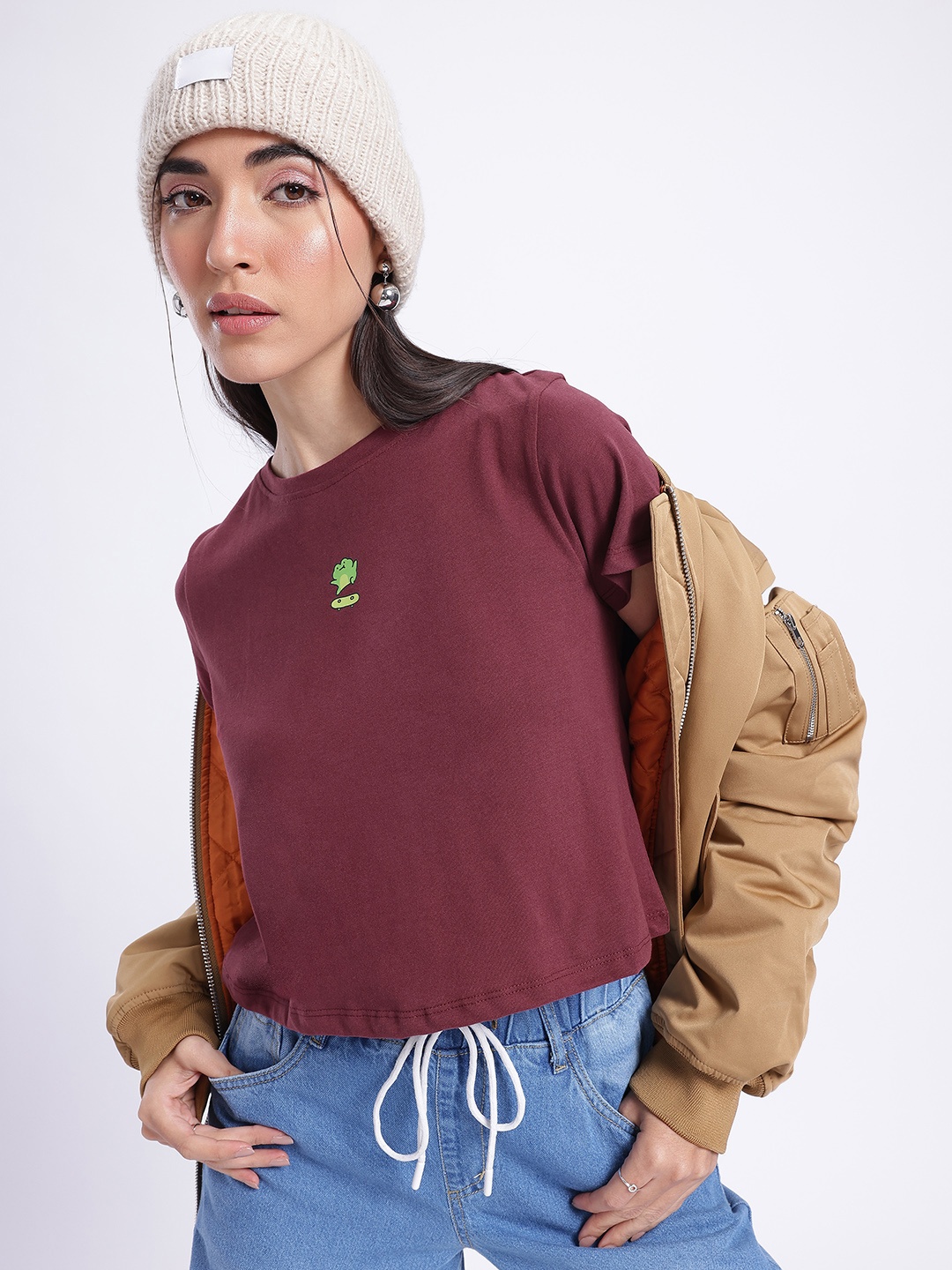 

glitchez Minimal Tease Print Crop T-shirt, Burgundy