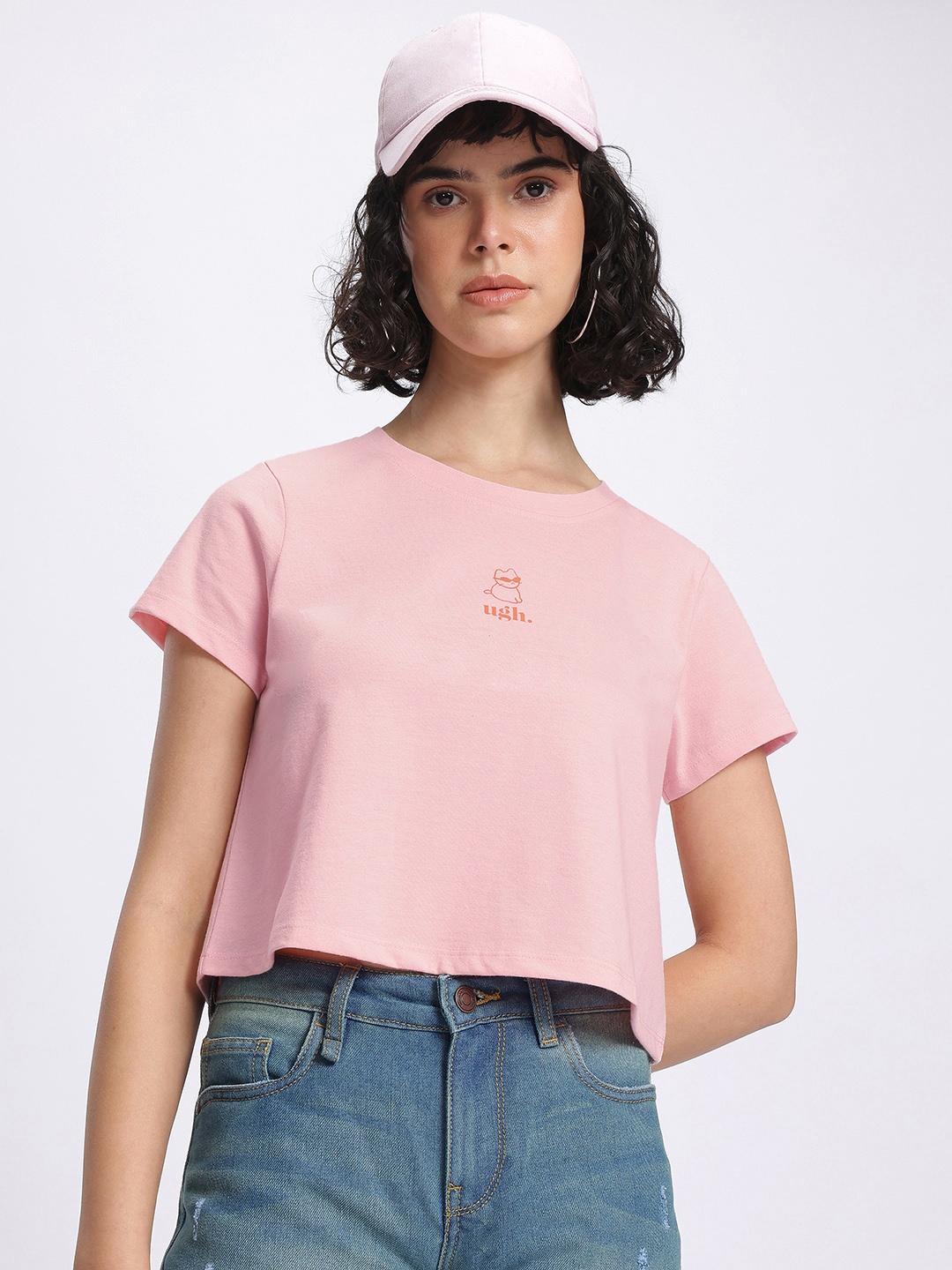 

glitchez Moody Cat Boxy Print Tee, Pink