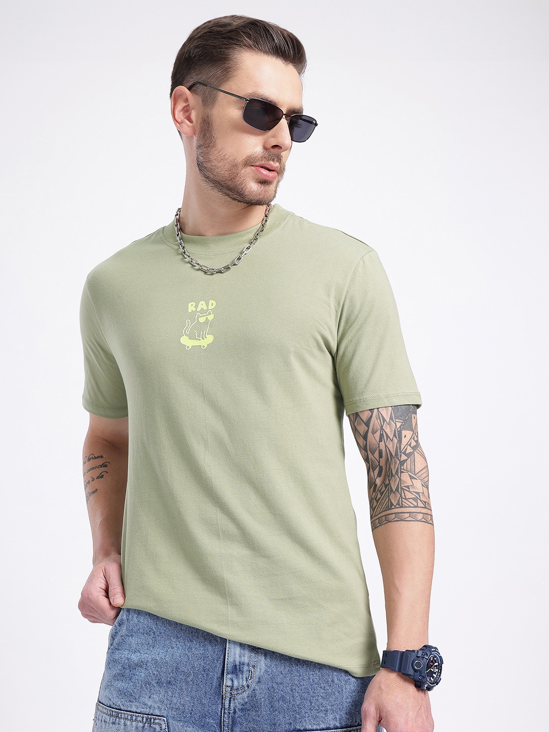 

glitchez Focused Prints Pure Cotton Regular Fit T-shirt, Olive