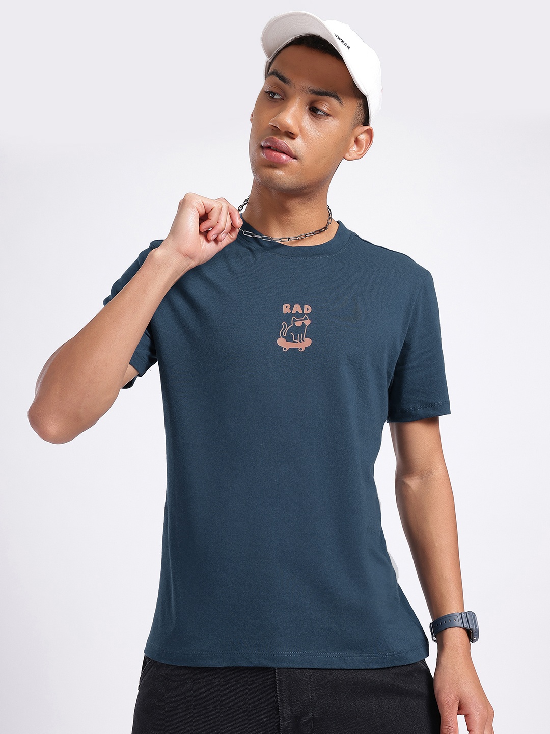 

glitchez Strategic Prints Pure Cotton Regular Fit T-shirt, Navy blue