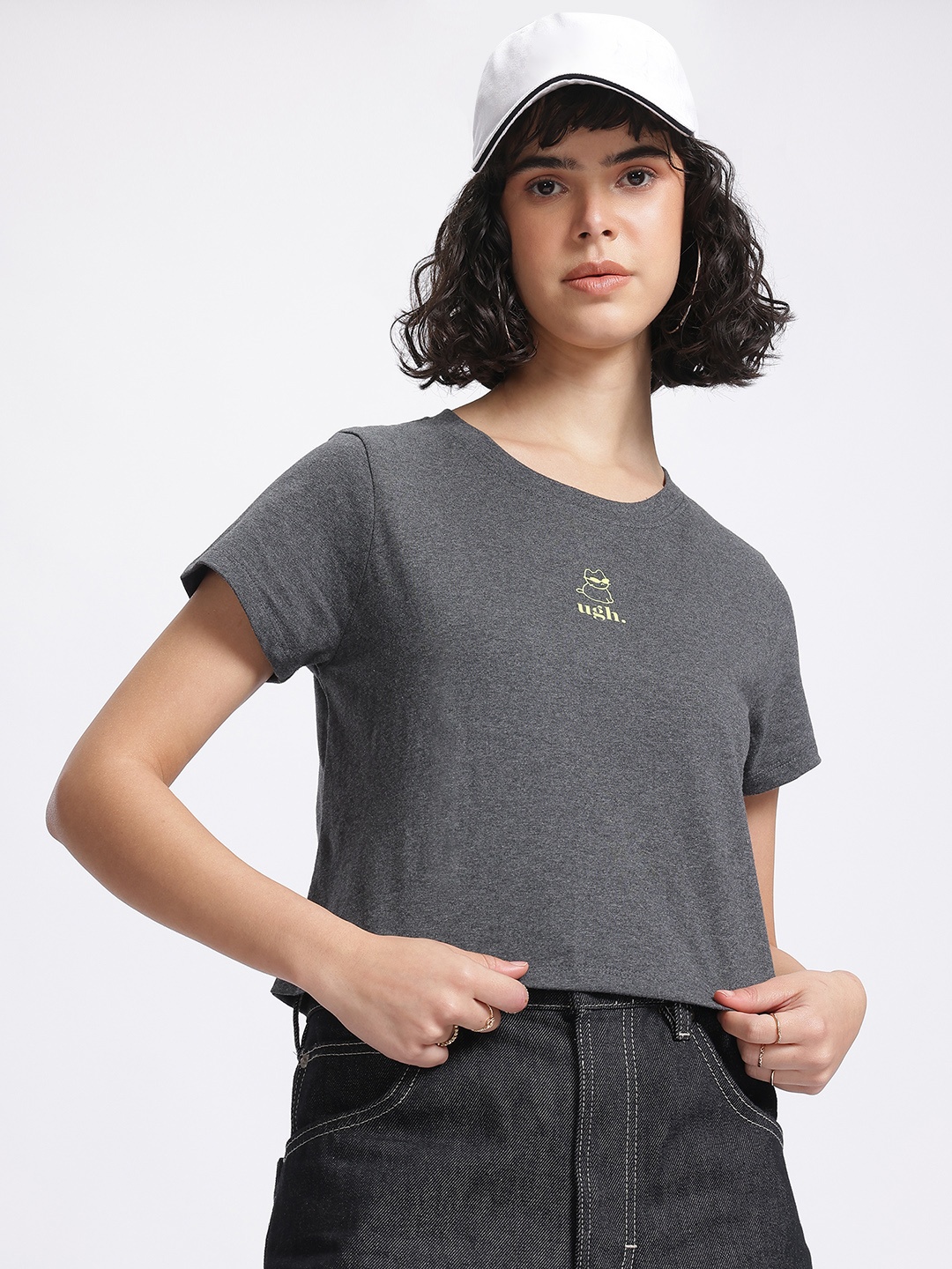 

glitchez Moody Cat Printed Detail T-shirt, Grey