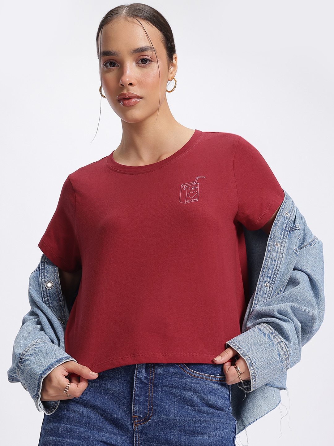 

glitchez Everyday Essentials Placement Print Relaxed Fit Crop T-shirt, Maroon