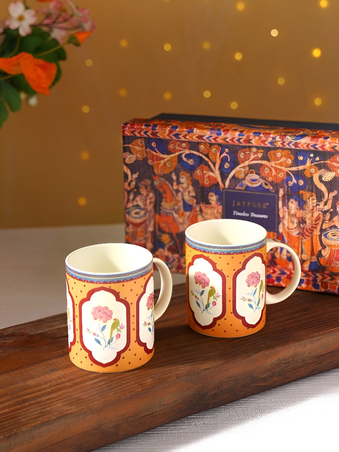 

JAYPORE Orange Colored & White 2 Pieces Floral Printed Glossy Cups 270ml