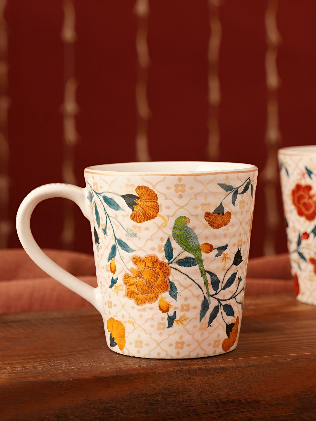

JAYPORE White & Green Floral Printed Stoneware Mugs 270ml