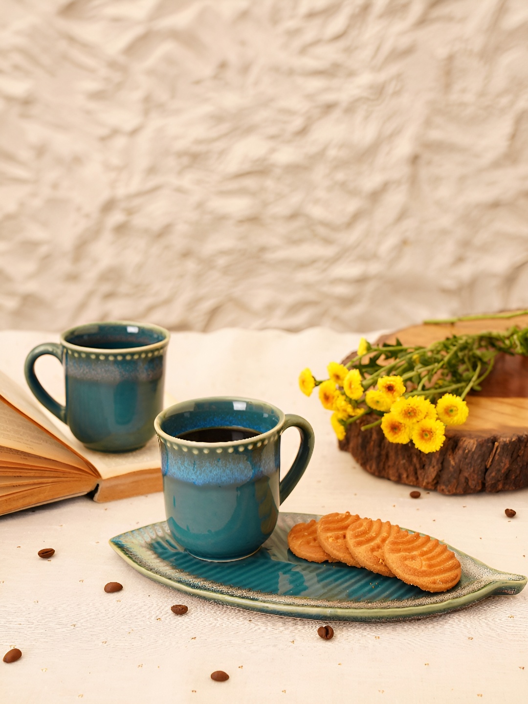 

JAYPORE Blue & Green 2 Pieces Printed Stoneware Mugs 350ml With Tray