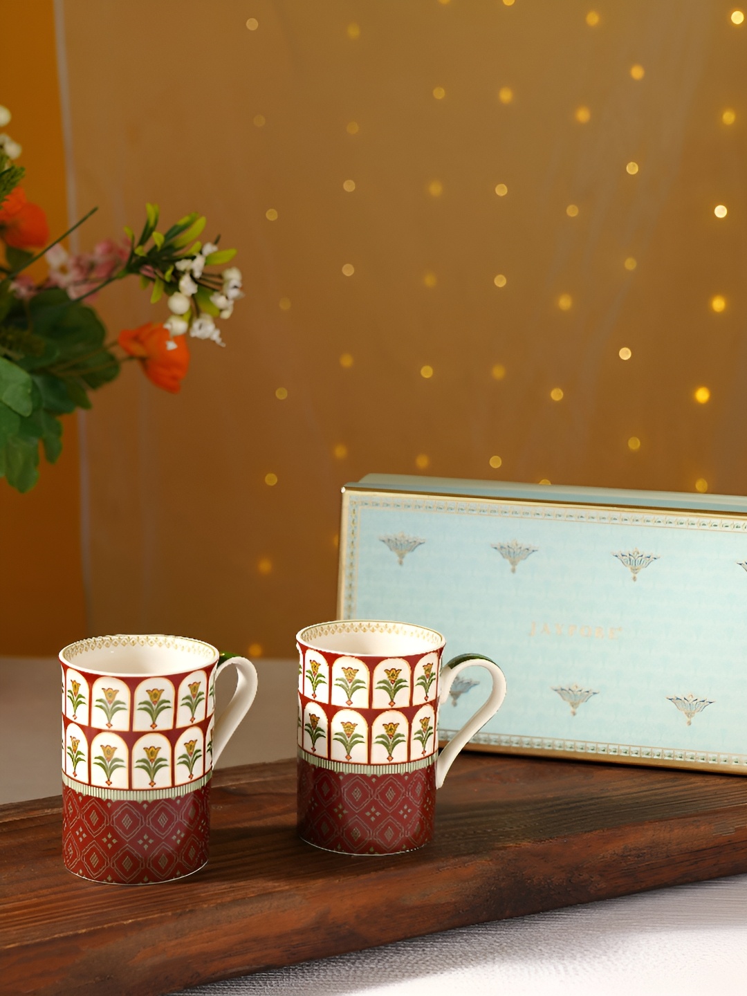 JAYPORE Maroon & White 2 Pieces Floral Printed Glossy Mugs 270ml