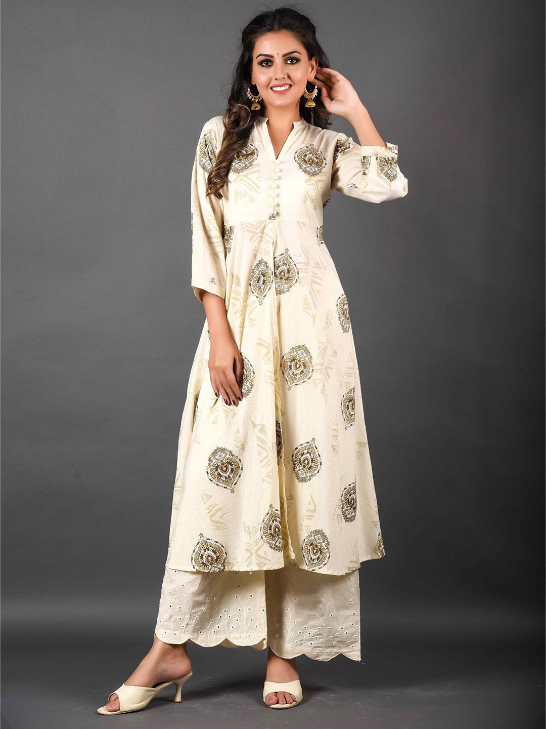 

Anastay Clothing Women Ethnic Motifs Printed Pure Cotton A-Line Kurta with Front Slit, Beige