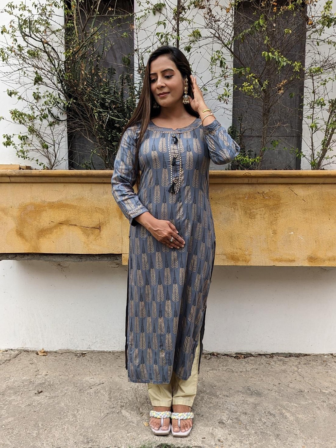 

Anastay Clothing Ethnic Motifs Printed Pure Cotton Kurti, Grey