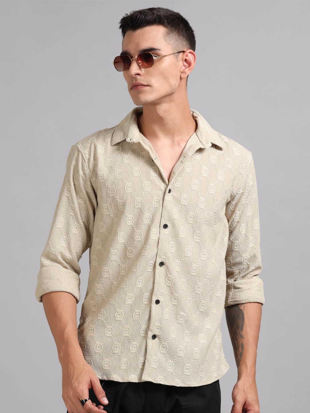 

PAUL STREET Men Standard Fit Spread Collar Textured Casual Shirt, Beige