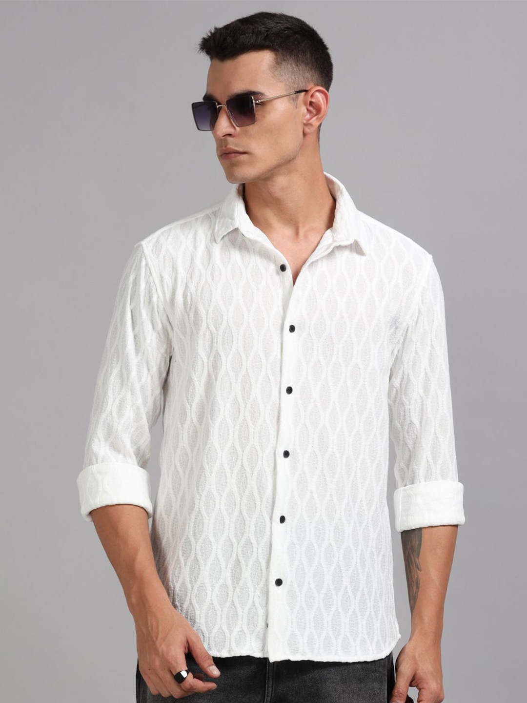 

PAUL STREET Men Standard Spread Collar Textured Casual Shirt, White