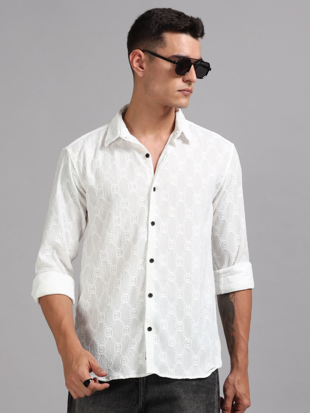 

PAUL STREET Men Standard Spread Collar Textured Casual Shirt, White