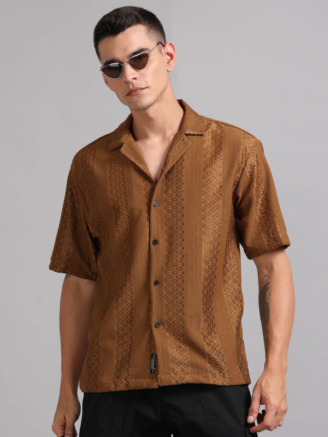 

PAUL STREET Men Relaxed Cuban Collar Textured Relaxed Fit Casual Shirt, Brown