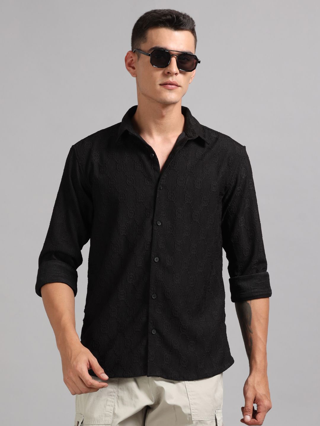 

PAUL STREET Men Standard Fit Spread Collar Textured Casual Shirt, Black