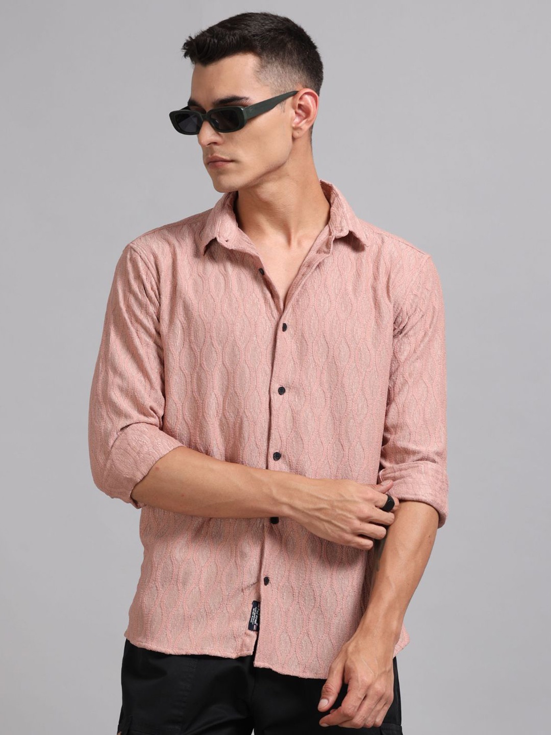 

PAUL STREET Men Standard Spread Collar Textured Casual Shirt, Pink