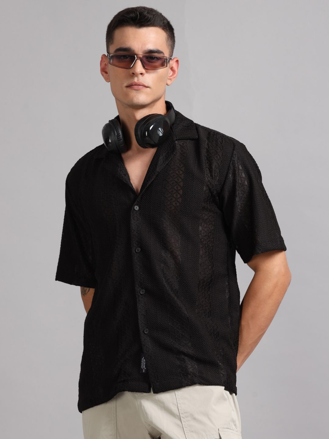 

PAUL STREET Men Relaxed Cuban Collar Textured Relaxed Fit Casual Shirt, Black