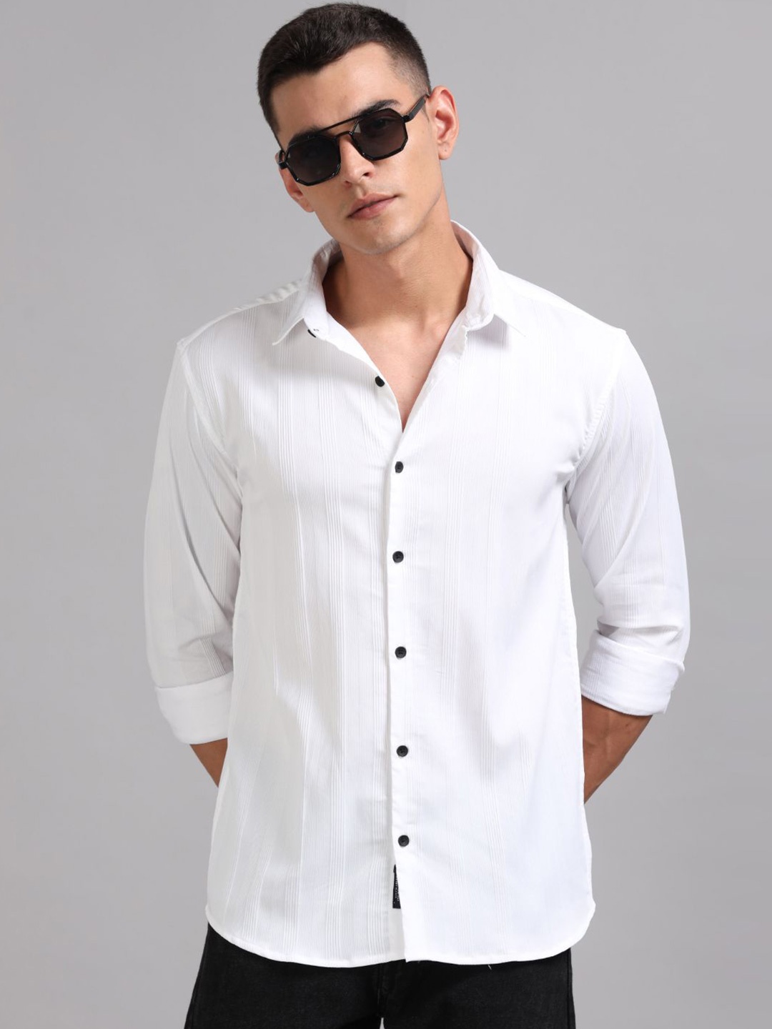 

PAUL STREET Men Standard Spread Collar Textured Cotton Casual Shirt, White